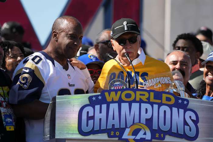 Feb 16, 2022; Los Angeles, CA, USA; Los Angeles Rams coach Sean McVay during the Super Bowl LVI championship rally at the Los Angeles Memorial Coliseum. Mandatory Credit: Kirby Lee-USA TODAY Sports